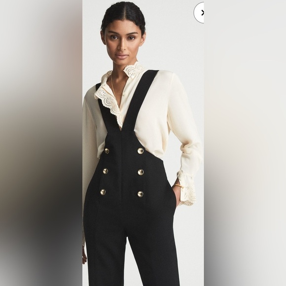 REISS Sz 6 Vittoria Dungaree Wool Blend Jumpsuit Gold Buttons Adjustable Straps - Picture 3 of 15